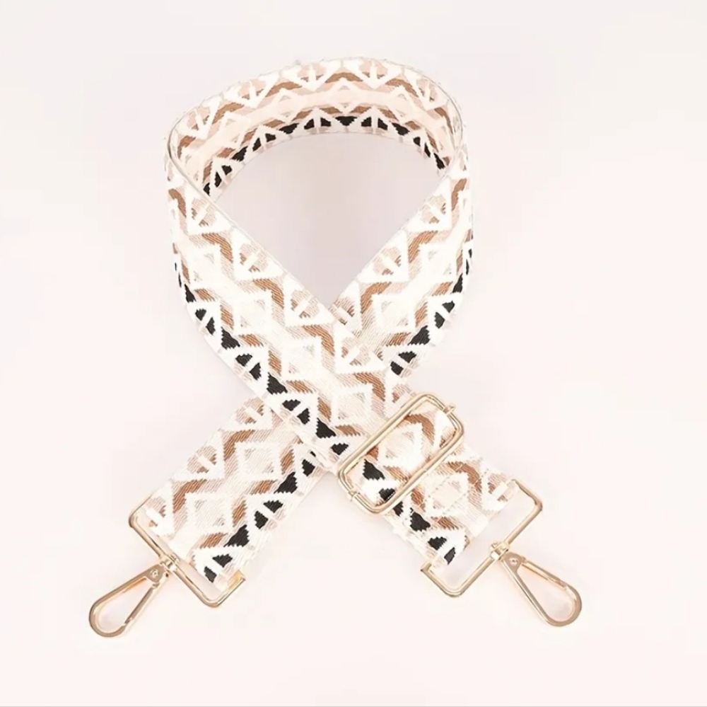 White Tan Geometric Purse Strap, adjustable length with gold hardware